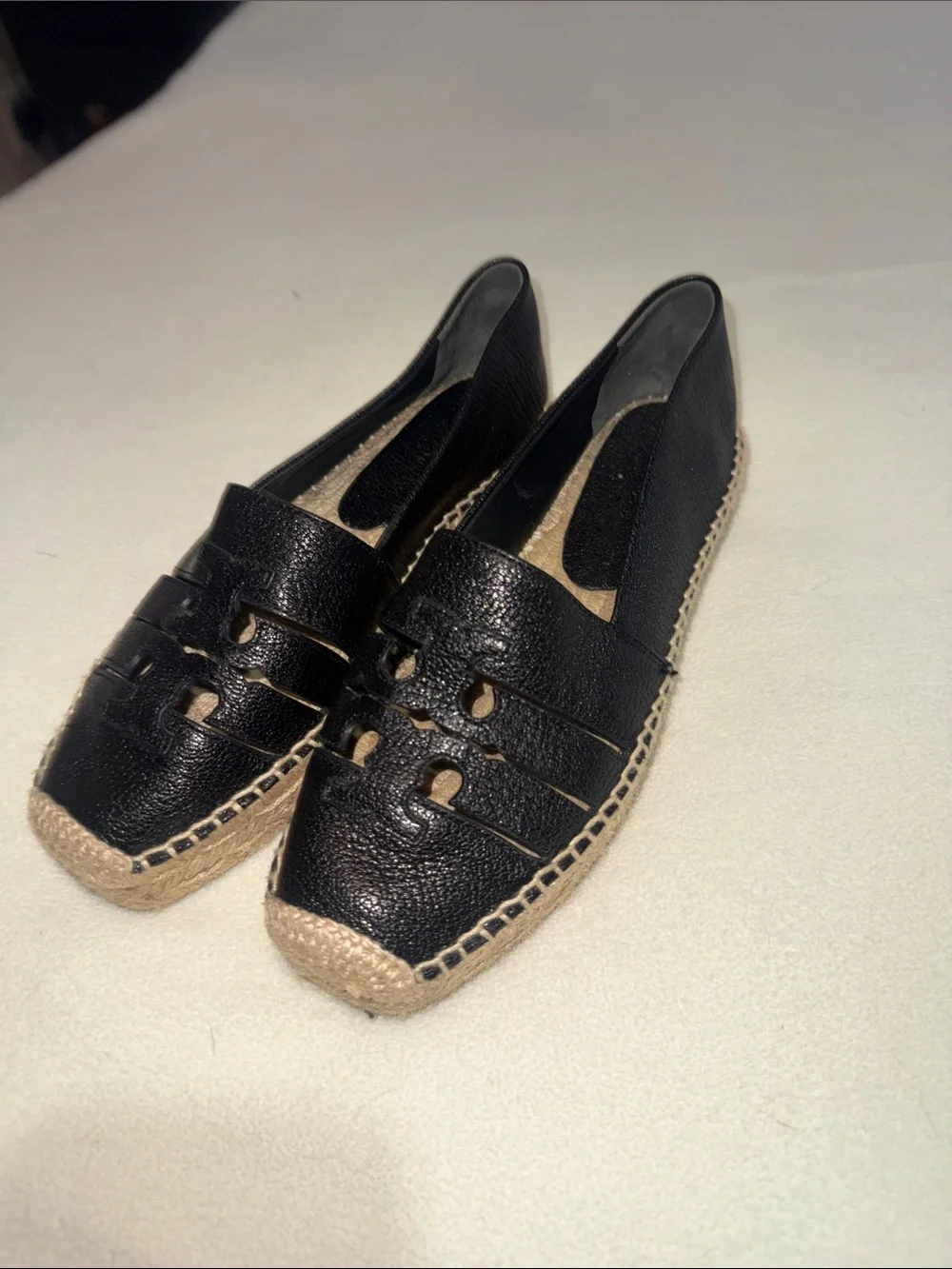 Tory Burch Black Leather Cutout Espadrille Loafers Never Worn